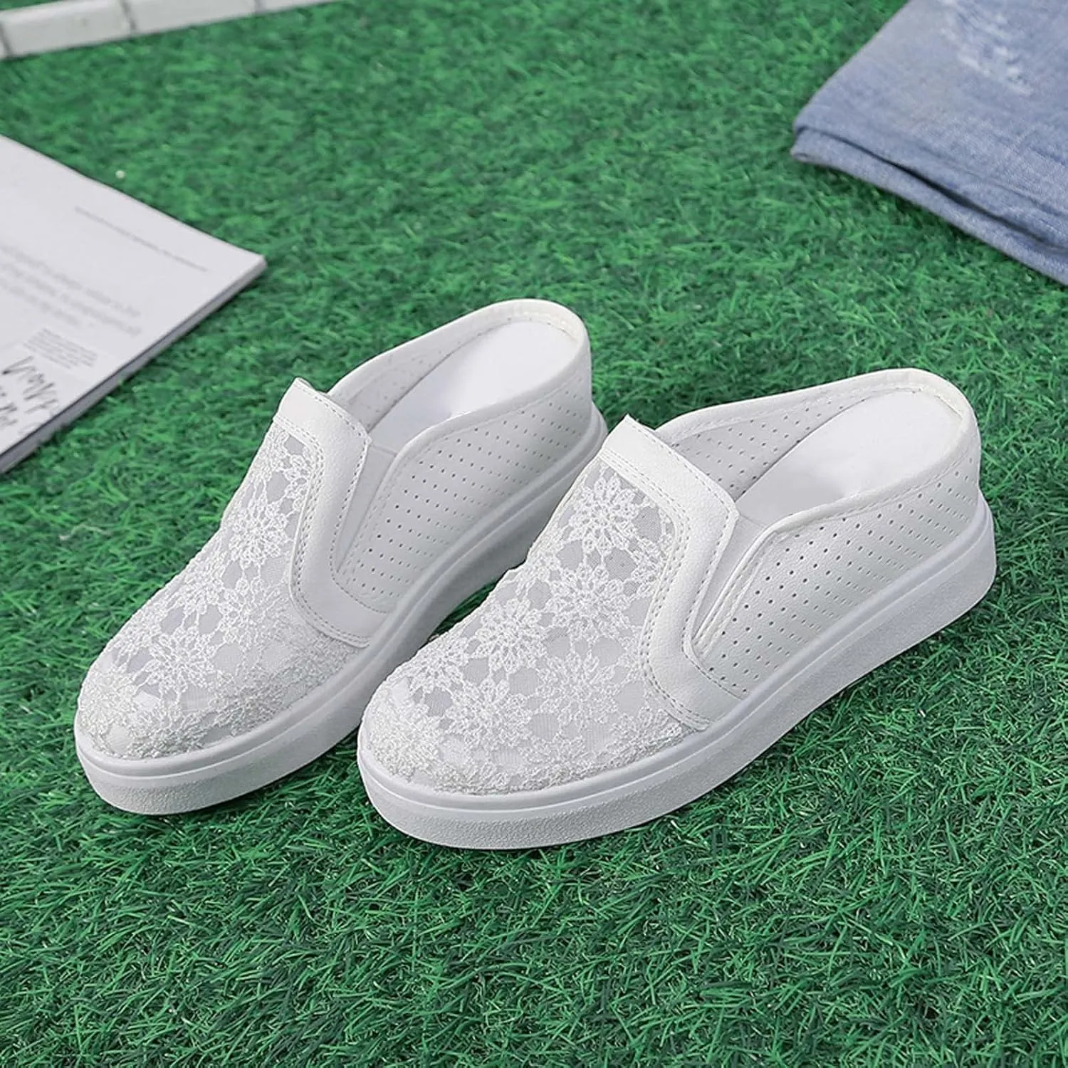 Hbeylia Platform Wedge Sneakers Mules for Women Floral Embroidery Mesh Air Lace Chunky Hidden High Heels Backess Slip On Walking Work Shoes Arch Support Low Top Play Loafers Slides Sandals