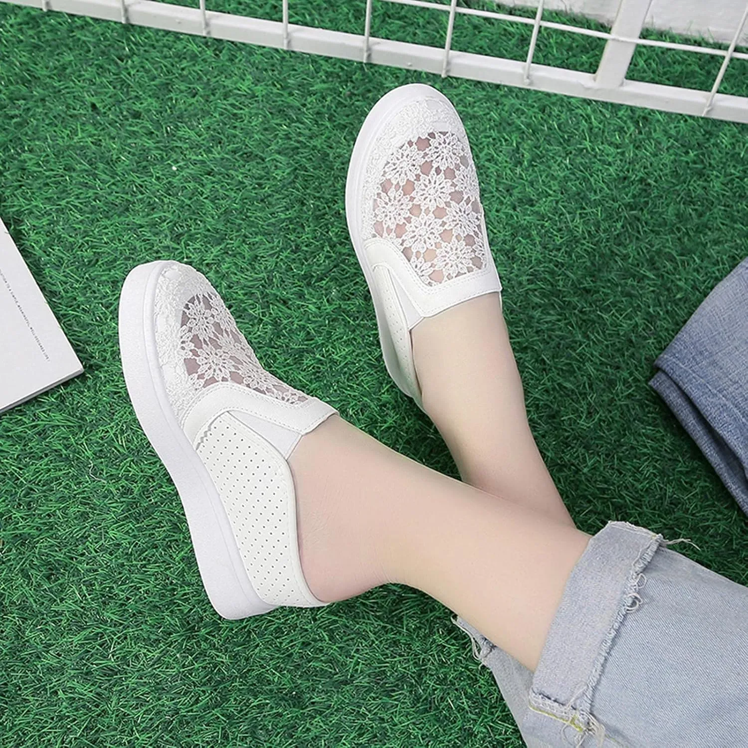 Hbeylia Platform Wedge Sneakers Mules for Women Floral Embroidery Mesh Air Lace Chunky Hidden High Heels Backess Slip On Walking Work Shoes Arch Support Low Top Play Loafers Slides Sandals