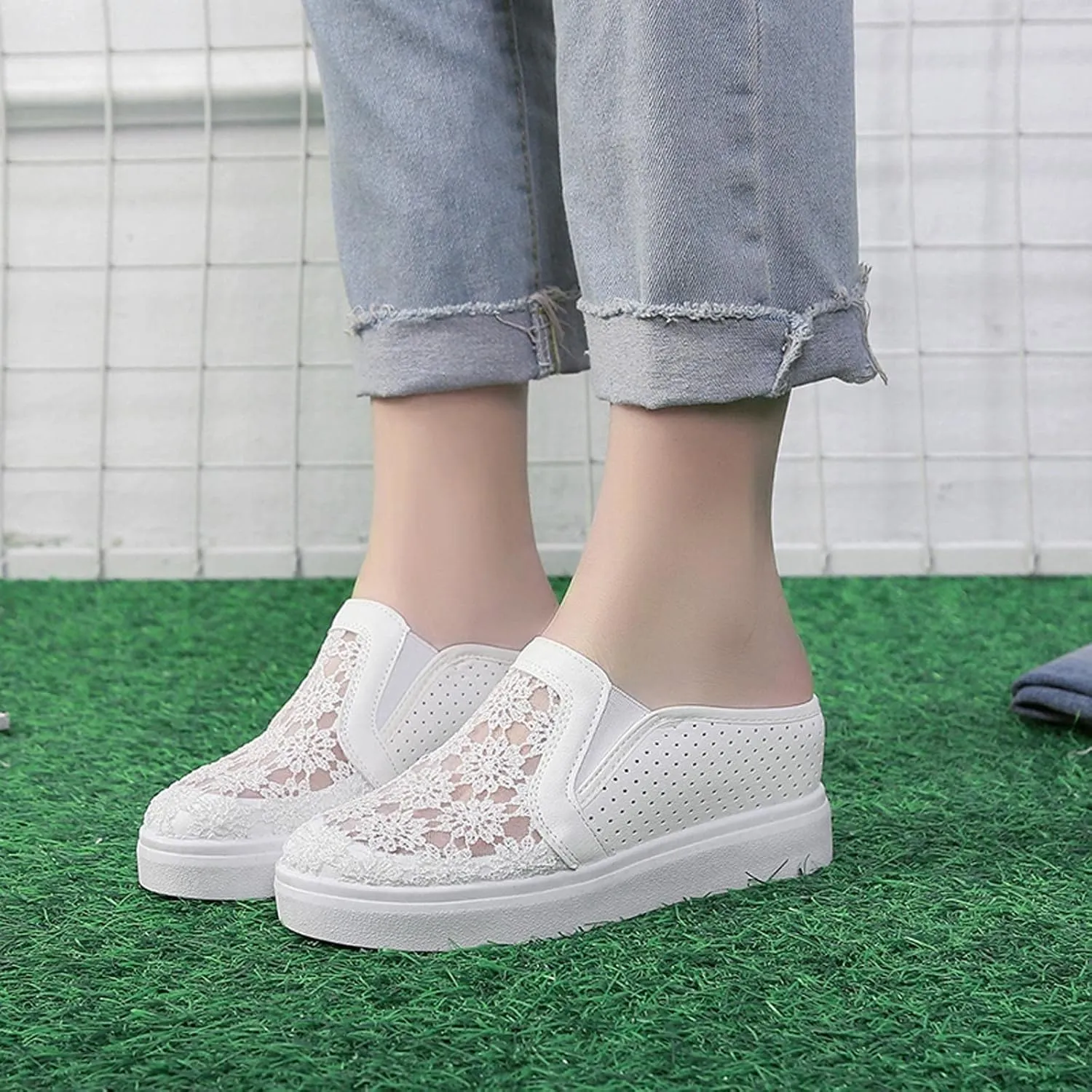 Hbeylia Platform Wedge Sneakers Mules for Women Floral Embroidery Mesh Air Lace Chunky Hidden High Heels Backess Slip On Walking Work Shoes Arch Support Low Top Play Loafers Slides Sandals
