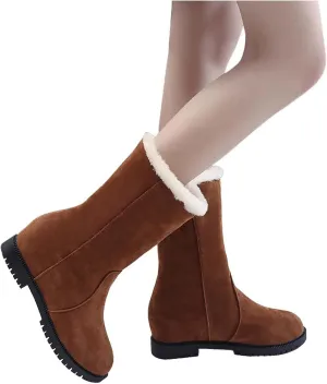 Hbeylia Winter Snow Boots For Women Lady Girls Fashion Cozy Warm Faux Fur Lined Suede Round Toe Low Heels Pullon Mid Calf Boots Soft Non Slip Fleece Lining Thermal Ankle Booties Short Boots For Dress