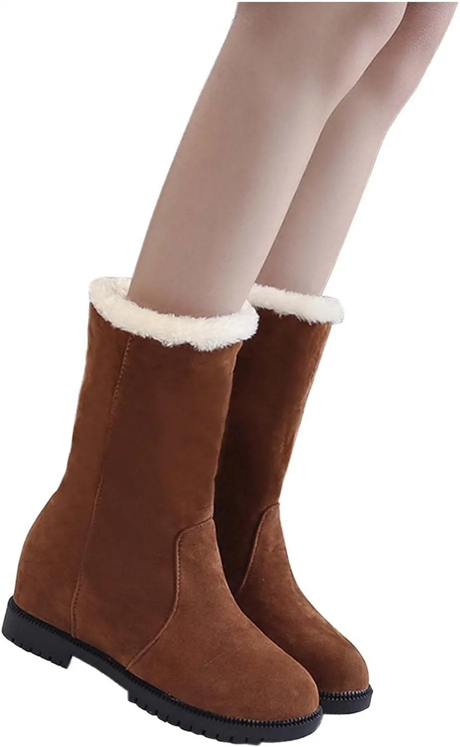 Hbeylia Winter Snow Boots For Women Lady Girls Fashion Cozy Warm Faux Fur Lined Suede Round Toe Low Heels Pullon Mid Calf Boots Soft Non Slip Fleece Lining Thermal Ankle Booties Short Boots For Dress