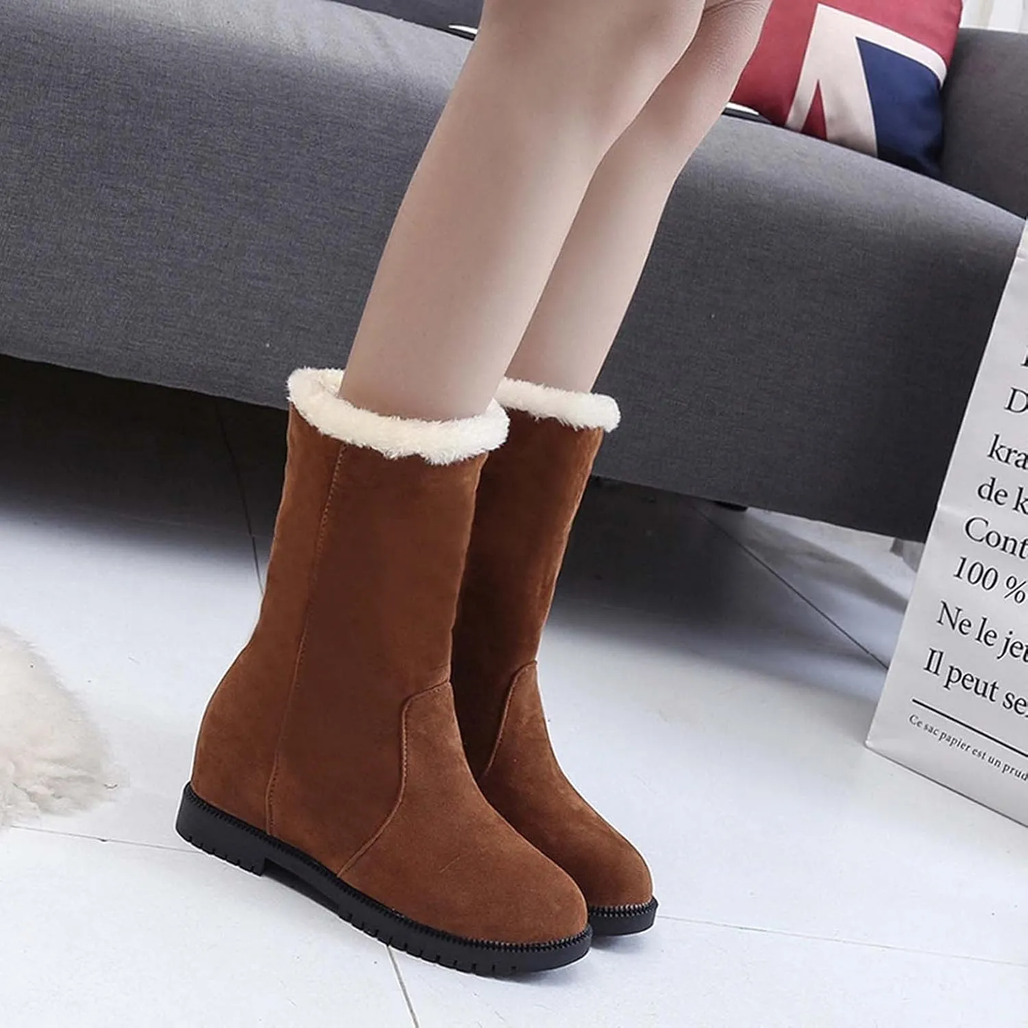 Hbeylia Winter Snow Boots For Women Lady Girls Fashion Cozy Warm Faux Fur Lined Suede Round Toe Low Heels Pullon Mid Calf Boots Soft Non Slip Fleece Lining Thermal Ankle Booties Short Boots For Dress
