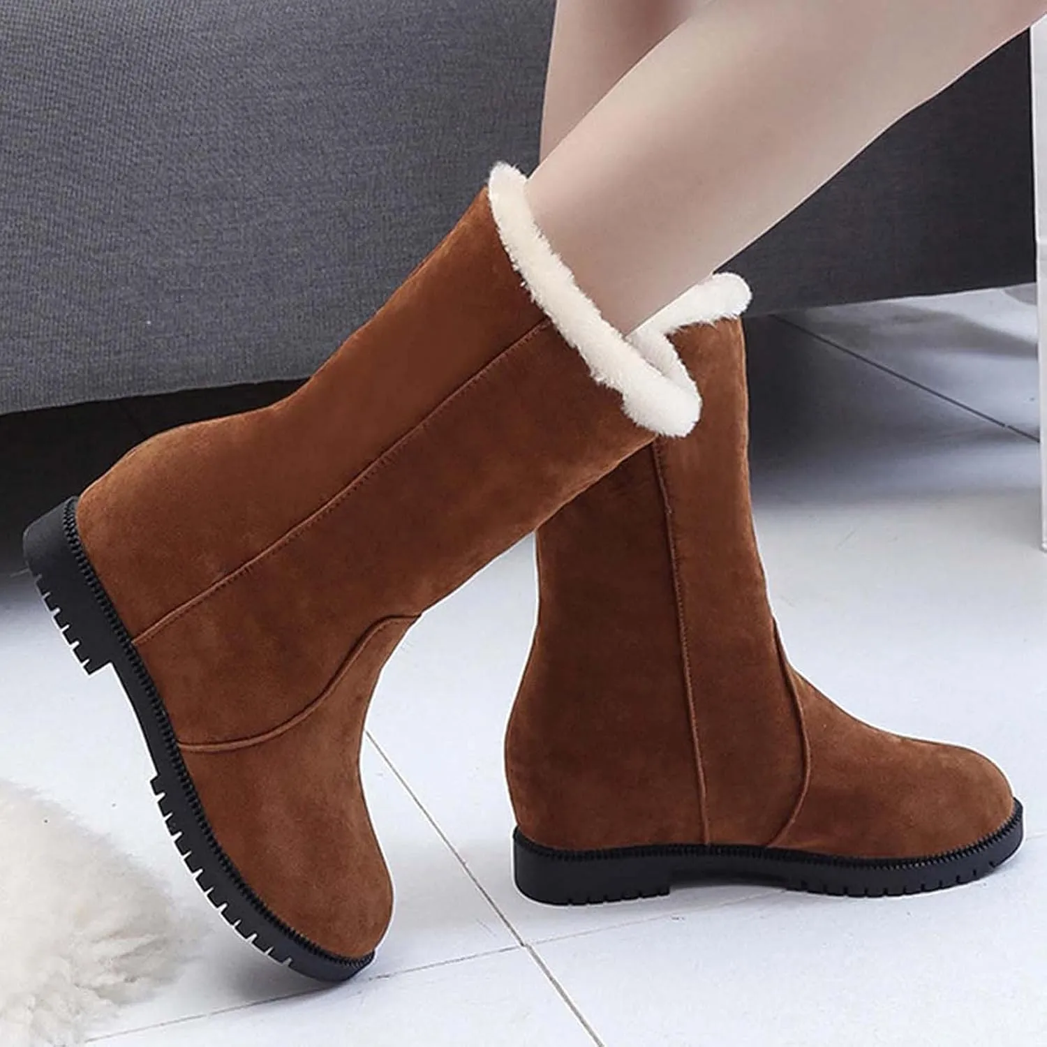 Hbeylia Winter Snow Boots For Women Lady Girls Fashion Cozy Warm Faux Fur Lined Suede Round Toe Low Heels Pullon Mid Calf Boots Soft Non Slip Fleece Lining Thermal Ankle Booties Short Boots For Dress