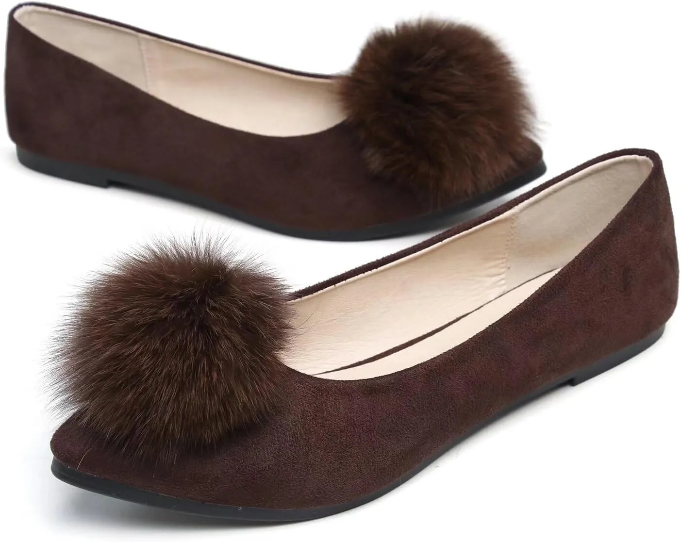 Hee grand Women Pom Pom Causal Flats -Solid Slip on Shallow Comfortable Ballet Shoes