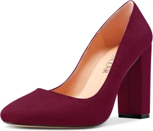 HEUIVZAR Women Pumps Pointed Toe Block Chunky High Heel Slip-on Dress Shoes Suede 4 Inch