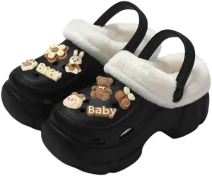 Hhhchpm Solid Color Thermal Lined Clogs, Slip On Soft Sole Platform Non-Slip Fuzzy Shoes, Winter Plush Closed Toe Shoes