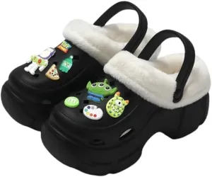 Hhhchpm Solid Color Thermal Lined Clogs, Slip On Soft Sole Platform Non-Slip Fuzzy Shoes, Winter Plush Closed Toe Shoes