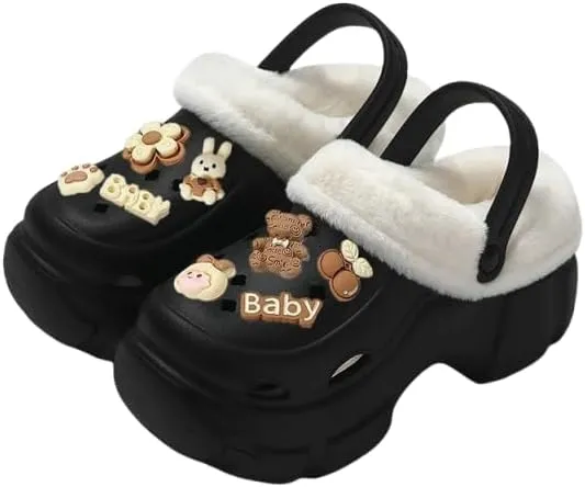 Hhhchpm Solid Color Thermal Lined Clogs, Slip On Soft Sole Platform Non-Slip Fuzzy Shoes, Winter Plush Closed Toe Shoes