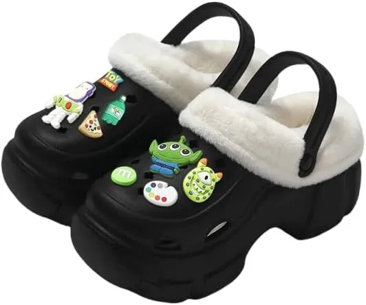 Hhhchpm Solid Color Thermal Lined Clogs, Slip On Soft Sole Platform Non-Slip Fuzzy Shoes, Winter Plush Closed Toe Shoes