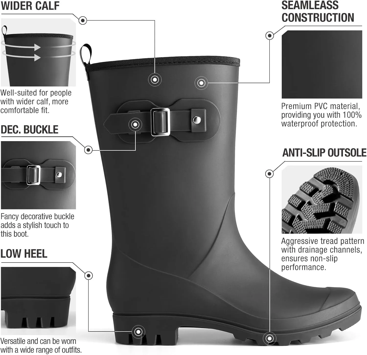 HISEA Mid-calf Rubber Rain Boots for Women Waterproof Wellington Boots for Outdoor