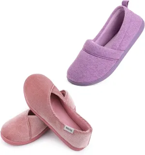 HomeTop Women's Comfort Memory Foam House Shoes, Ladies' Light Weight Terry Cloth Loafer Slippers Set of 2 Pairs (US Size 9,9)