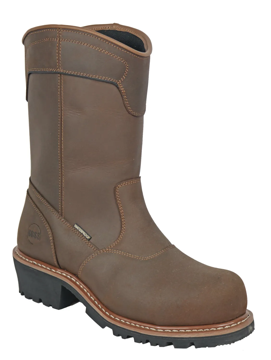 Hoss Boots Mens Buford Logger Pull On CT PR Brown Leather Work Boots
