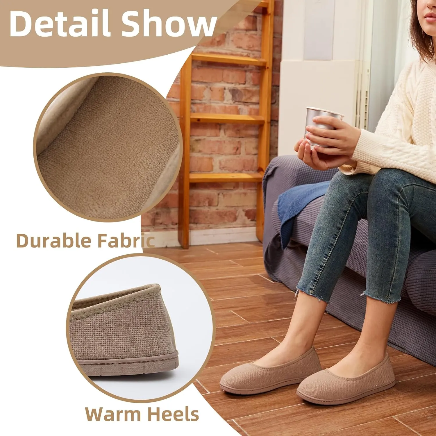 House Shoes for Women Comfy Memory Foam Loafer Slippers for Ladies Non-slip Sole for Comfort Ballet Flat with Closed Back Indoor and Outdoor for All Season Wear Black LightGrey Beige US6-US11