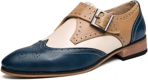 HuitJours Men Oxford Dress Shoes Multicolor Brogues Wing Tips Lace Up Patchwork Two Tone Color Matching Punched Round Toe