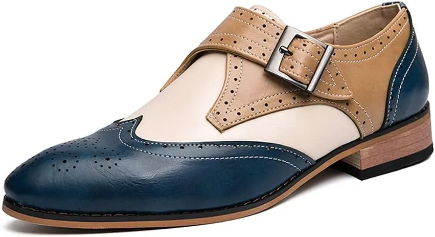 HuitJours Men Oxford Dress Shoes Multicolor Brogues Wing Tips Lace Up Patchwork Two Tone Color Matching Punched Round Toe