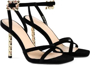 iiimmu Heeled Sandals for Women with 4 IN Gold Metal Stud Heel, Sexy and Elegant Heel Sandals for Dress, Black Suede Rhinestones Heels, Square Toe Ankle Strap