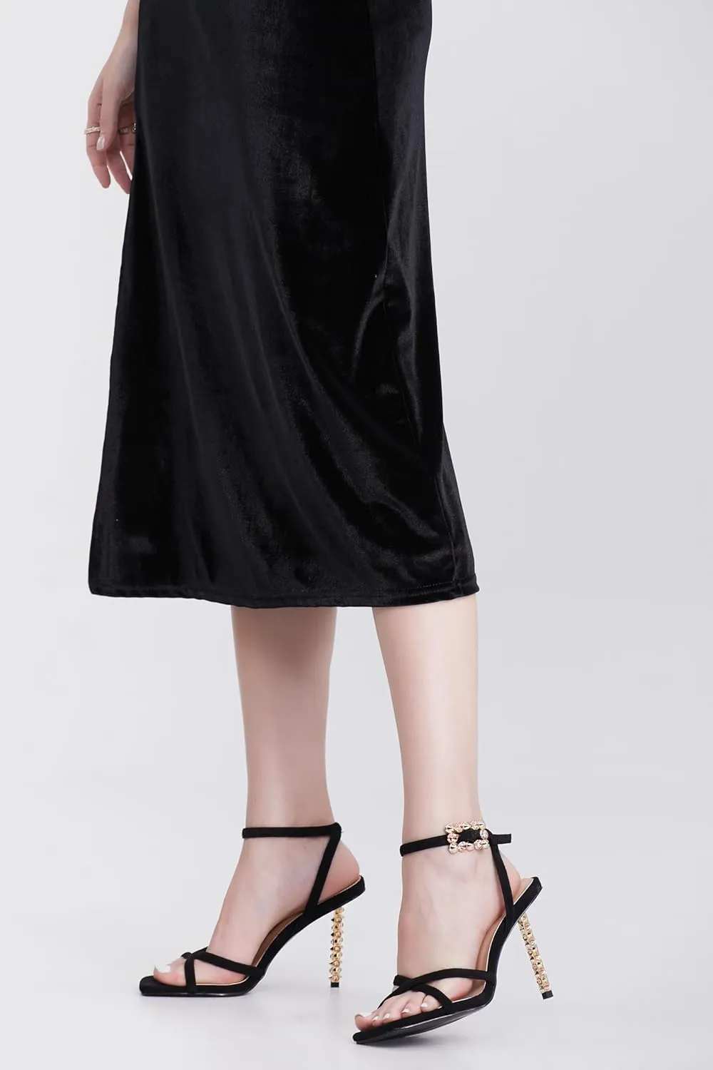 iiimmu Heeled Sandals for Women with 4 IN Gold Metal Stud Heel, Sexy and Elegant Heel Sandals for Dress, Black Suede Rhinestones Heels, Square Toe Ankle Strap