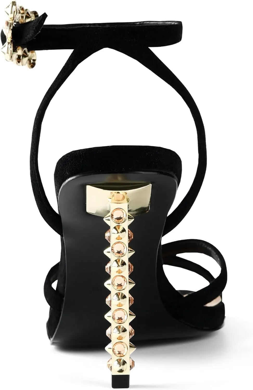 iiimmu Heeled Sandals for Women with 4 IN Gold Metal Stud Heel, Sexy and Elegant Heel Sandals for Dress, Black Suede Rhinestones Heels, Square Toe Ankle Strap