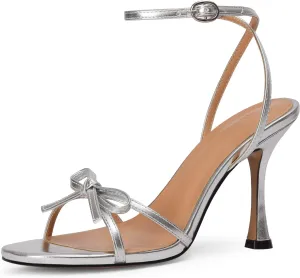 iiimmu Women's Bow Heels 4 IN Stiletto Heeled Sandals for Women Round Open Toe Sandals Elegant Summer Heels Soft PU Leather/Faux Suede