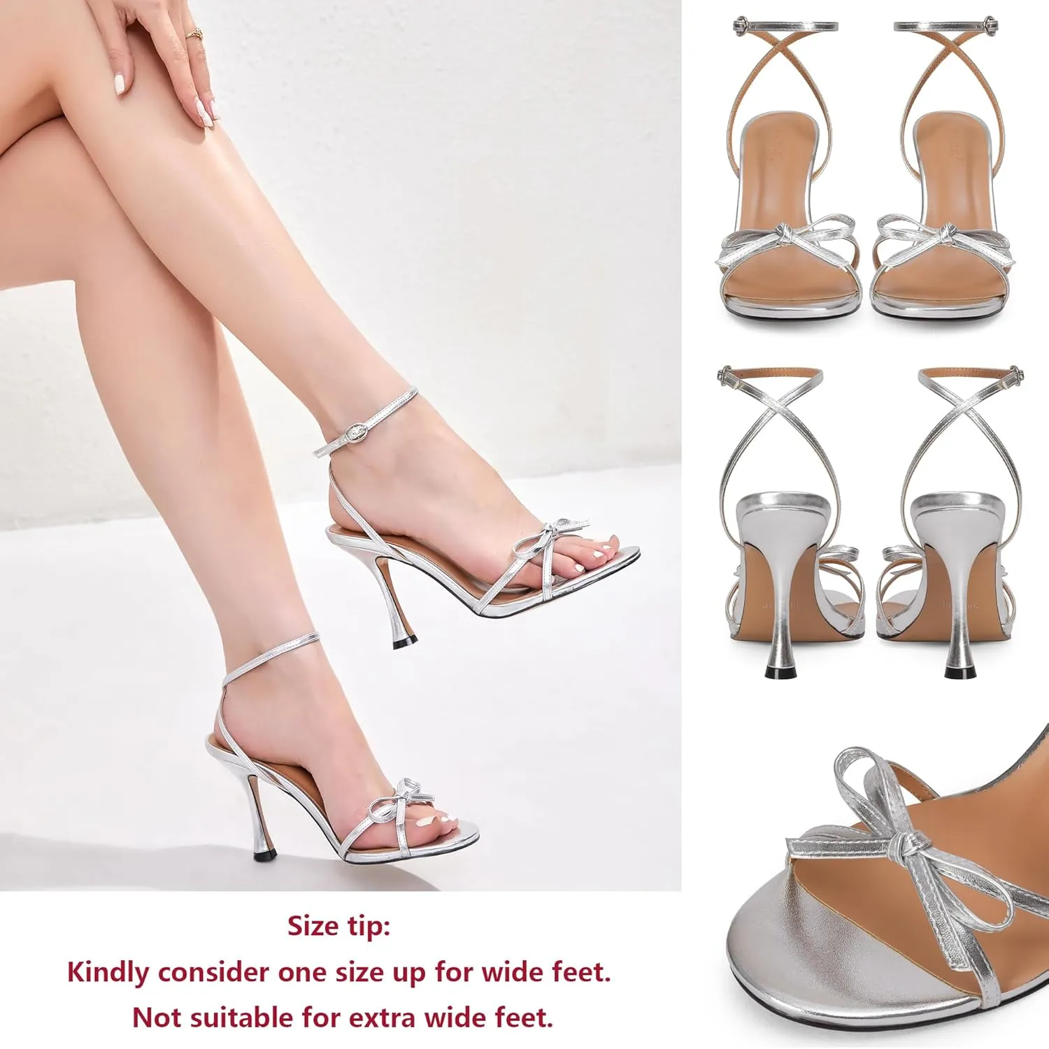 iiimmu Women's Bow Heels 4 IN Stiletto Heeled Sandals for Women Round Open Toe Sandals Elegant Summer Heels Soft PU Leather/Faux Suede