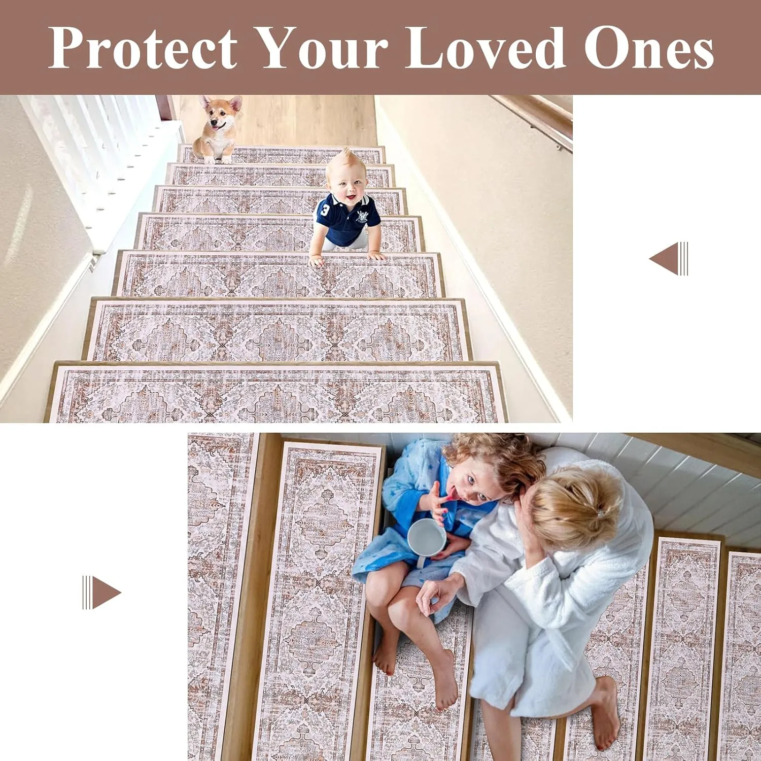 Ileading Indoor Stair Treads for Wooden Steps 4 Pack 8" X 30" Non Slip Rubber Stair Rug Runner Boho Staircase Step Treads Covers Soft Stairway Grip Carpet Safety Mats for Dogs Kids, Beige