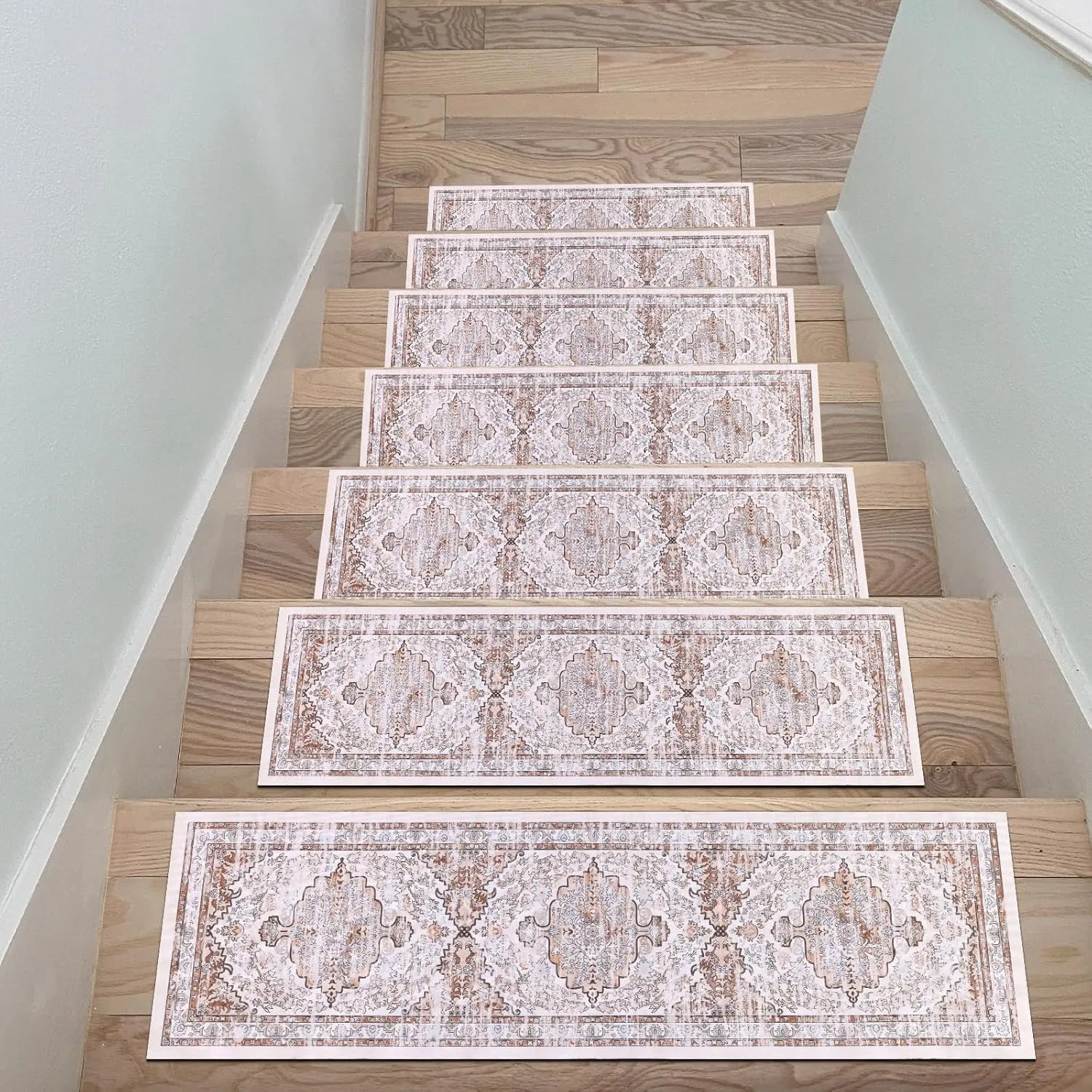 Ileading Indoor Stair Treads for Wooden Steps 4 Pack 8" X 30" Non Slip Rubber Stair Rug Runner Boho Staircase Step Treads Covers Soft Stairway Grip Carpet Safety Mats for Dogs Kids, Beige