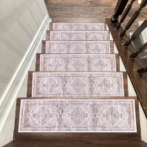 Ileading Indoor Stair Treads for Wooden Steps 4 Pack 8" X 30" Non Slip Rubber Stair Rug Runner Boho Staircase Step Treads Covers Soft Stairway Grip Carpet Safety Mats for Dogs Kids, Beige