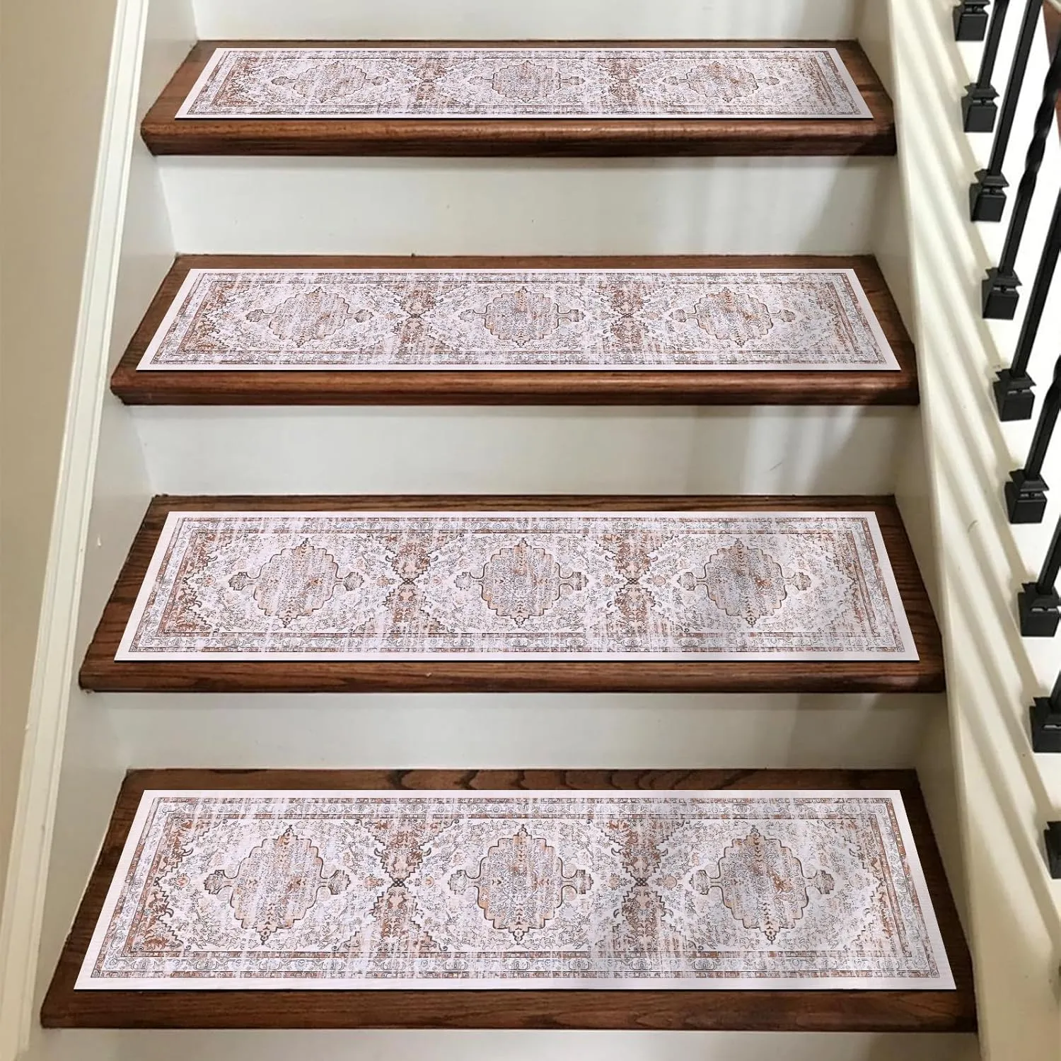Ileading Indoor Stair Treads for Wooden Steps 4 Pack 8" X 30" Non Slip Rubber Stair Rug Runner Boho Staircase Step Treads Covers Soft Stairway Grip Carpet Safety Mats for Dogs Kids, Beige