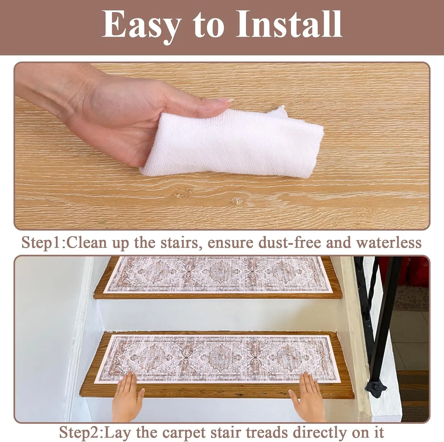 Ileading Indoor Stair Treads for Wooden Steps 4 Pack 8" X 30" Non Slip Rubber Stair Rug Runner Boho Staircase Step Treads Covers Soft Stairway Grip Carpet Safety Mats for Dogs Kids, Beige