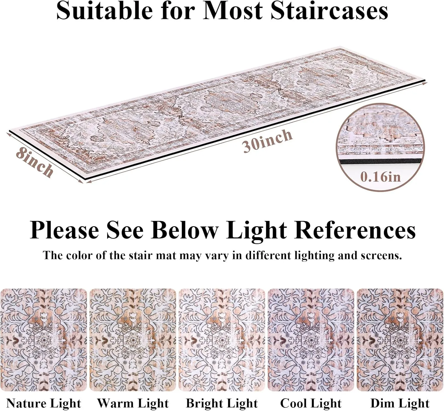 Ileading Indoor Stair Treads for Wooden Steps 4 Pack 8" X 30" Non Slip Rubber Stair Rug Runner Boho Staircase Step Treads Covers Soft Stairway Grip Carpet Safety Mats for Dogs Kids, Beige