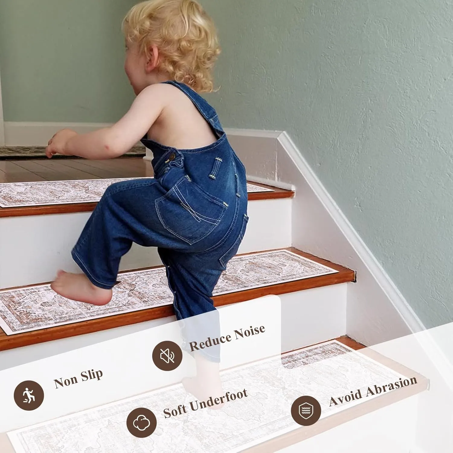 Ileading Indoor Stair Treads for Wooden Steps 4 Pack 8" X 30" Non Slip Rubber Stair Rug Runner Boho Staircase Step Treads Covers Soft Stairway Grip Carpet Safety Mats for Dogs Kids, Beige