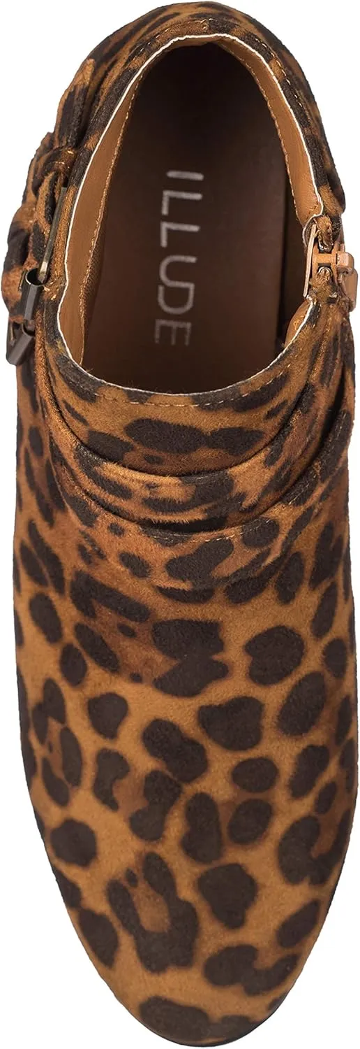 ILLUDE Women's Western Almond Round Toe Slip on Bootie - Low Stack Heel - Zip Up - Casual Ankle Boot