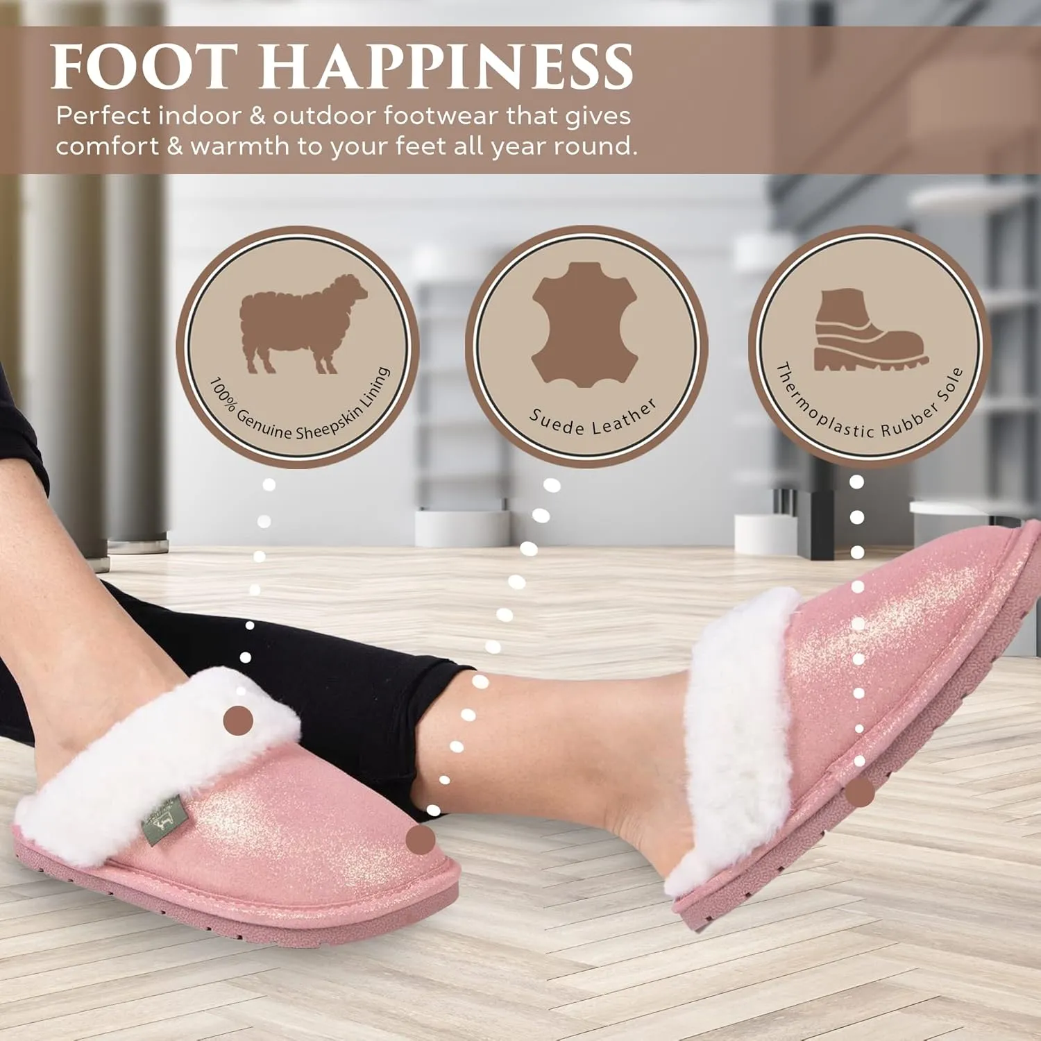 Indoor Outdoor Scuff House Slippers for Women - Genuine Sheepskin Slip-on Slippers