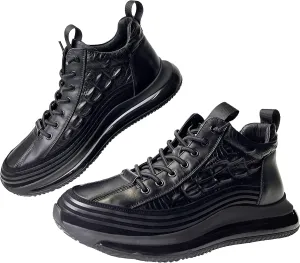 JishinGal Men's Slip-on Leather Sneakers Non-Slip Casual Fashion Height Increasing Cowhide Crocodile Print Sneakers