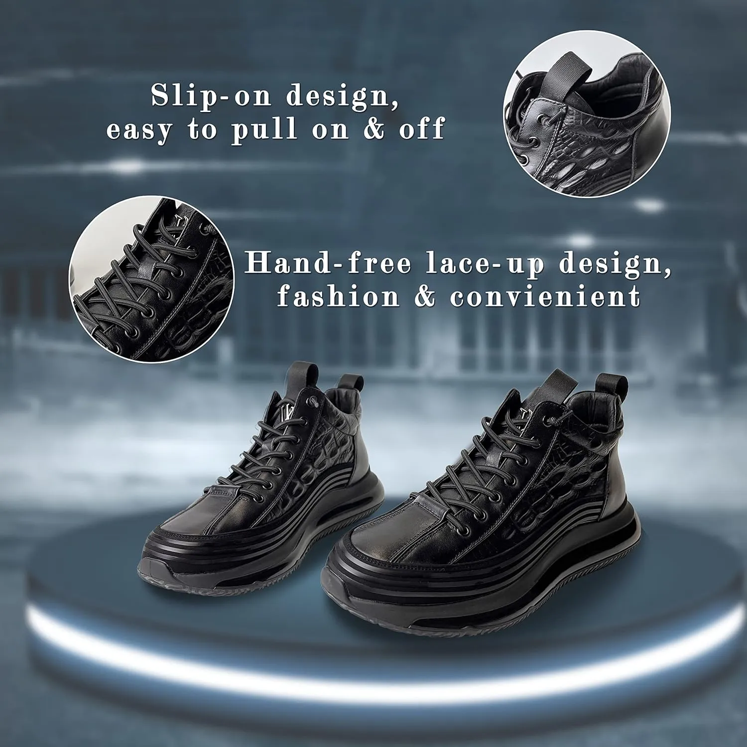 JishinGal Men's Slip-on Leather Sneakers Non-Slip Casual Fashion Height Increasing Cowhide Crocodile Print Sneakers