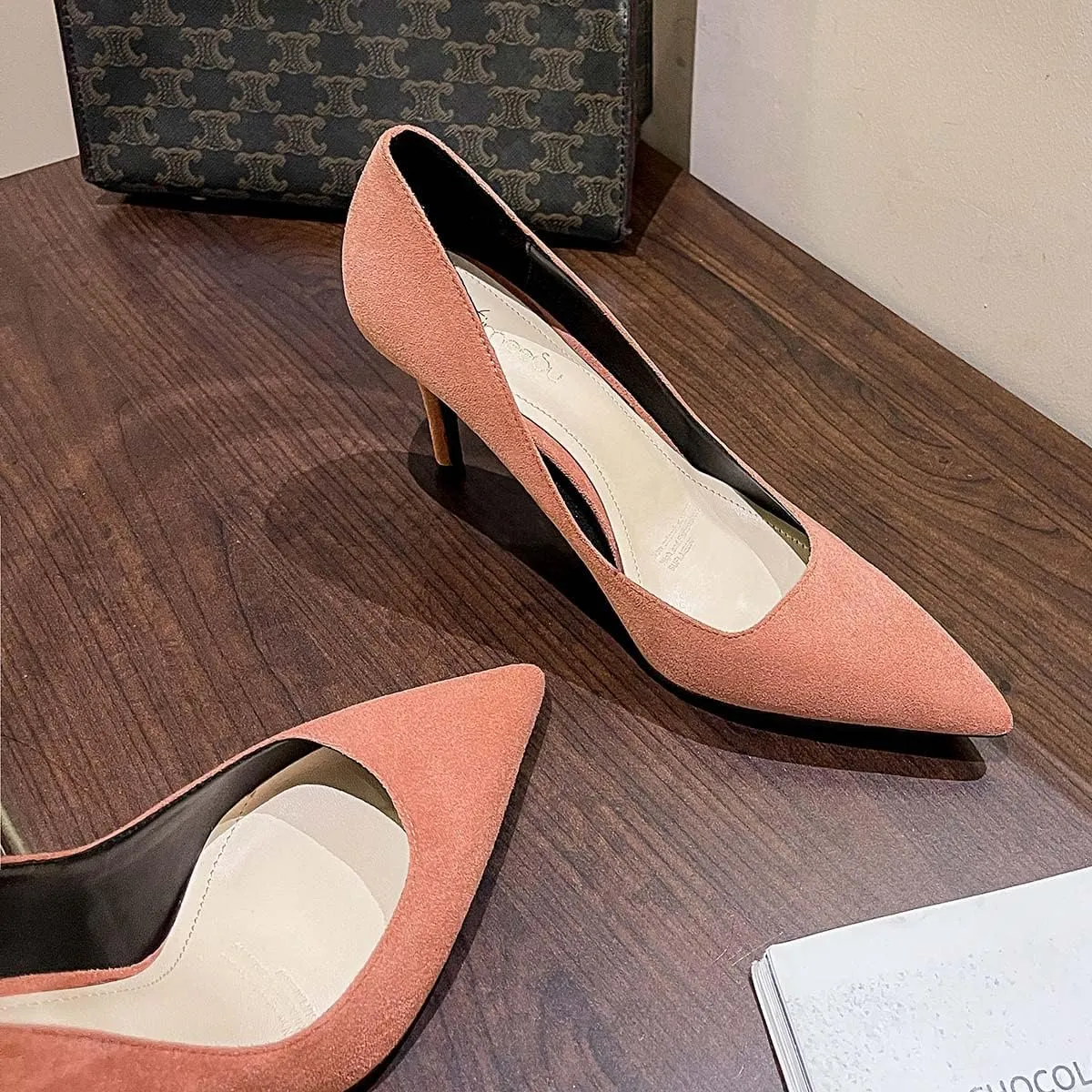 JOEupin Women's Pointed Toe Pumps Classic Suede Shoes Kitten Heel Slip On Dress Pumps 2.36 Inch