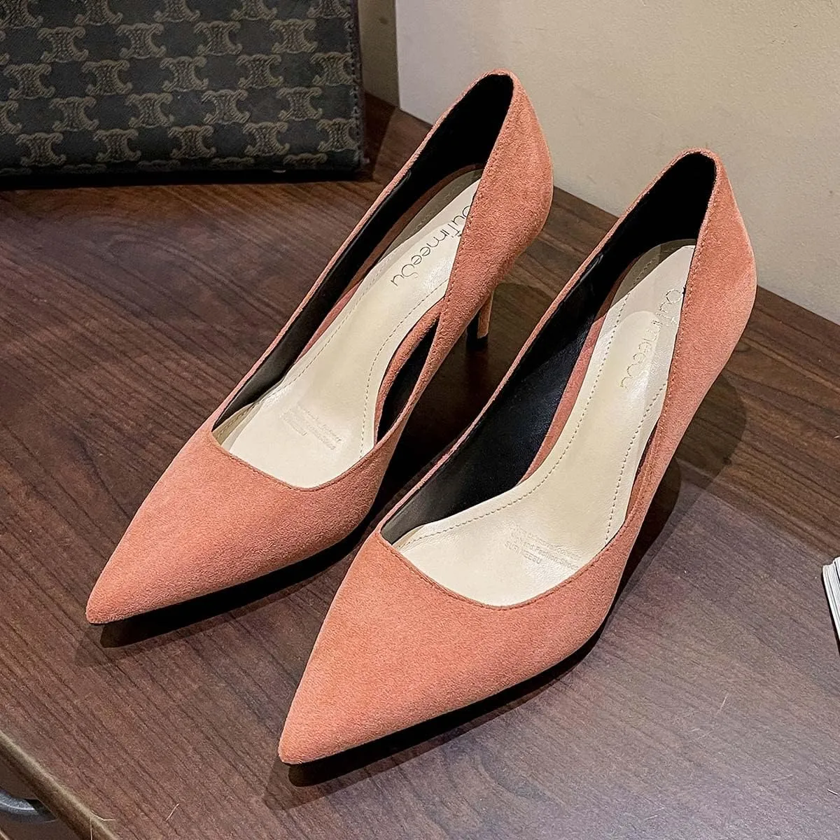 JOEupin Women's Pointed Toe Pumps Classic Suede Shoes Kitten Heel Slip On Dress Pumps 2.36 Inch