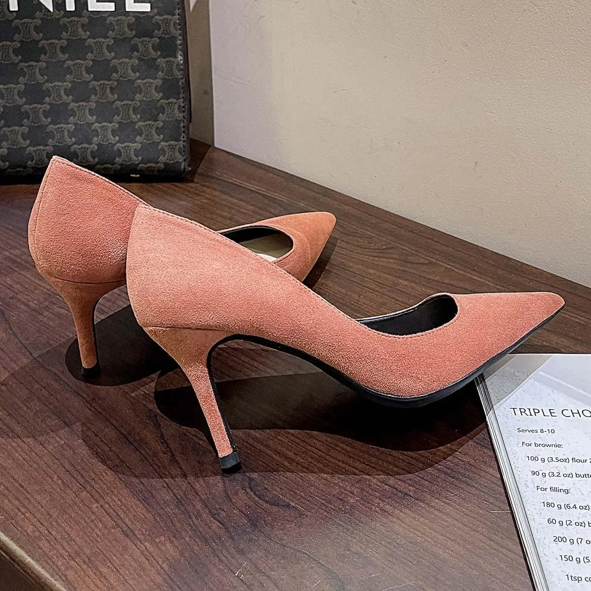 JOEupin Women's Pointed Toe Pumps Classic Suede Shoes Kitten Heel Slip On Dress Pumps 2.36 Inch