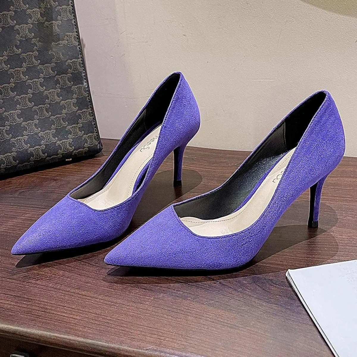 JOEupin Women's Pointed Toe Pumps Classic Suede Shoes Mid Heel Slip On Dress Pumps 3.15 Inch
