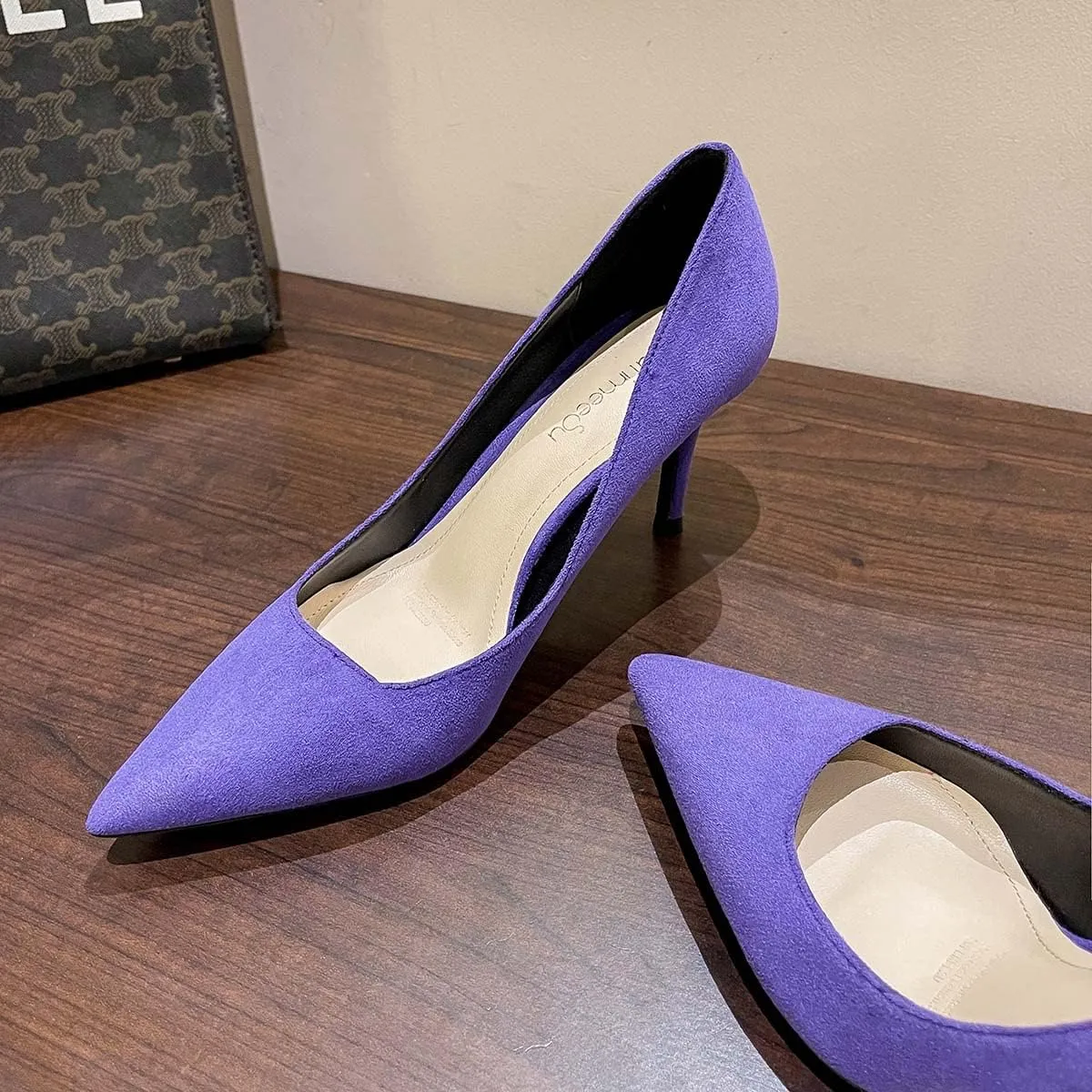 JOEupin Women's Pointed Toe Pumps Classic Suede Shoes Mid Heel Slip On Dress Pumps 3.15 Inch