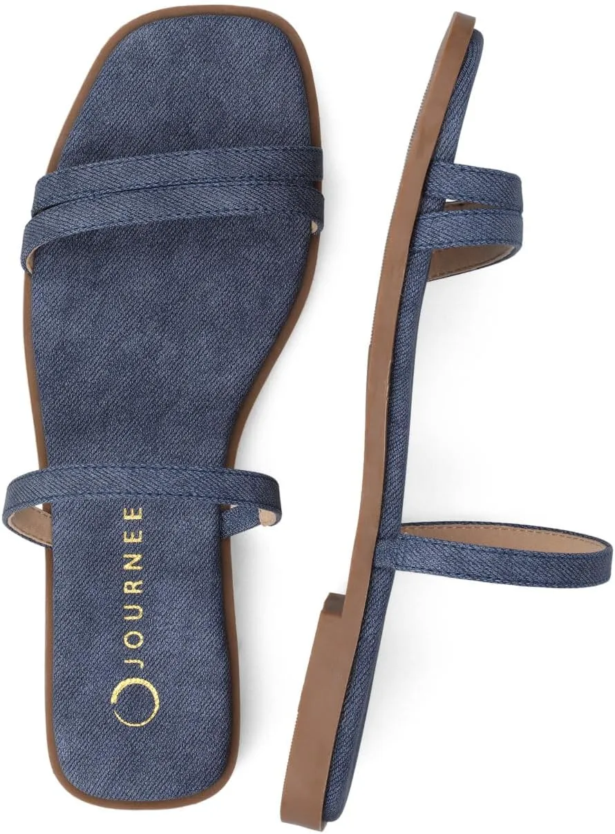 Journee Collection Womens Brisa Slip On Flat Sandals Multi Strap Cushioned Open Square Toe Spring Summer Shoe