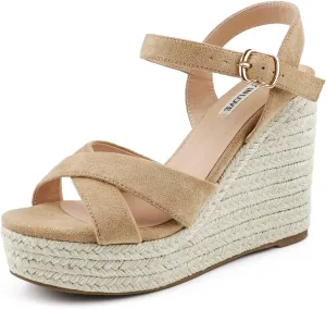 JOY IN LOVE Womens Espadrilles Wedge Sandals Platform Heels Ankle Strap Open Toe Buckle Sandals