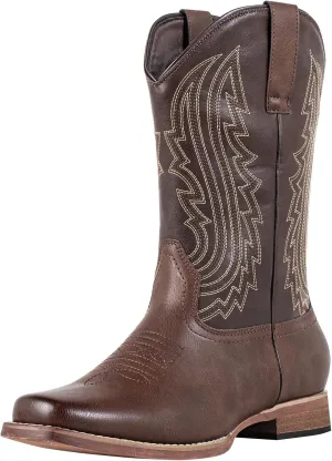 J's.o.l.e Mens Cowboy Boots Square Toe Western Retro Distressed Embroidered Slip On Wide Calf Riding Country Work Boot Brown