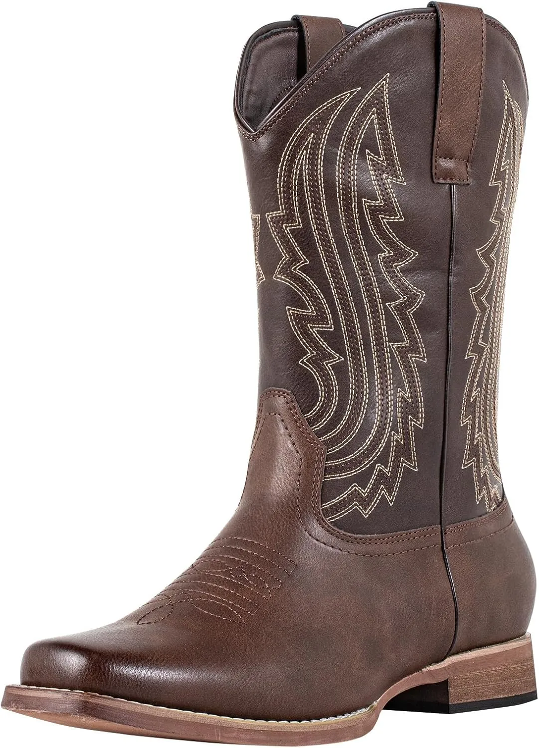 J's.o.l.e Mens Cowboy Boots Square Toe Western Retro Distressed Embroidered Slip On Wide Calf Riding Country Work Boot Brown