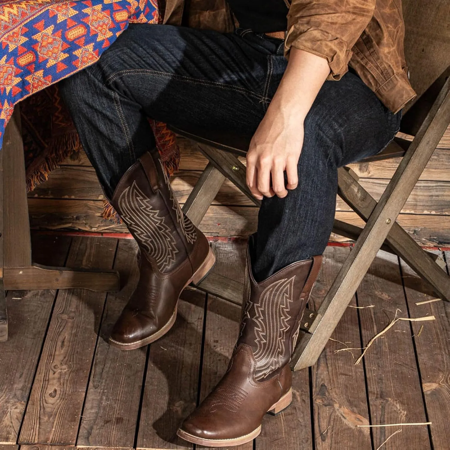 J's.o.l.e Mens Cowboy Boots Square Toe Western Retro Distressed Embroidered Slip On Wide Calf Riding Country Work Boot Brown