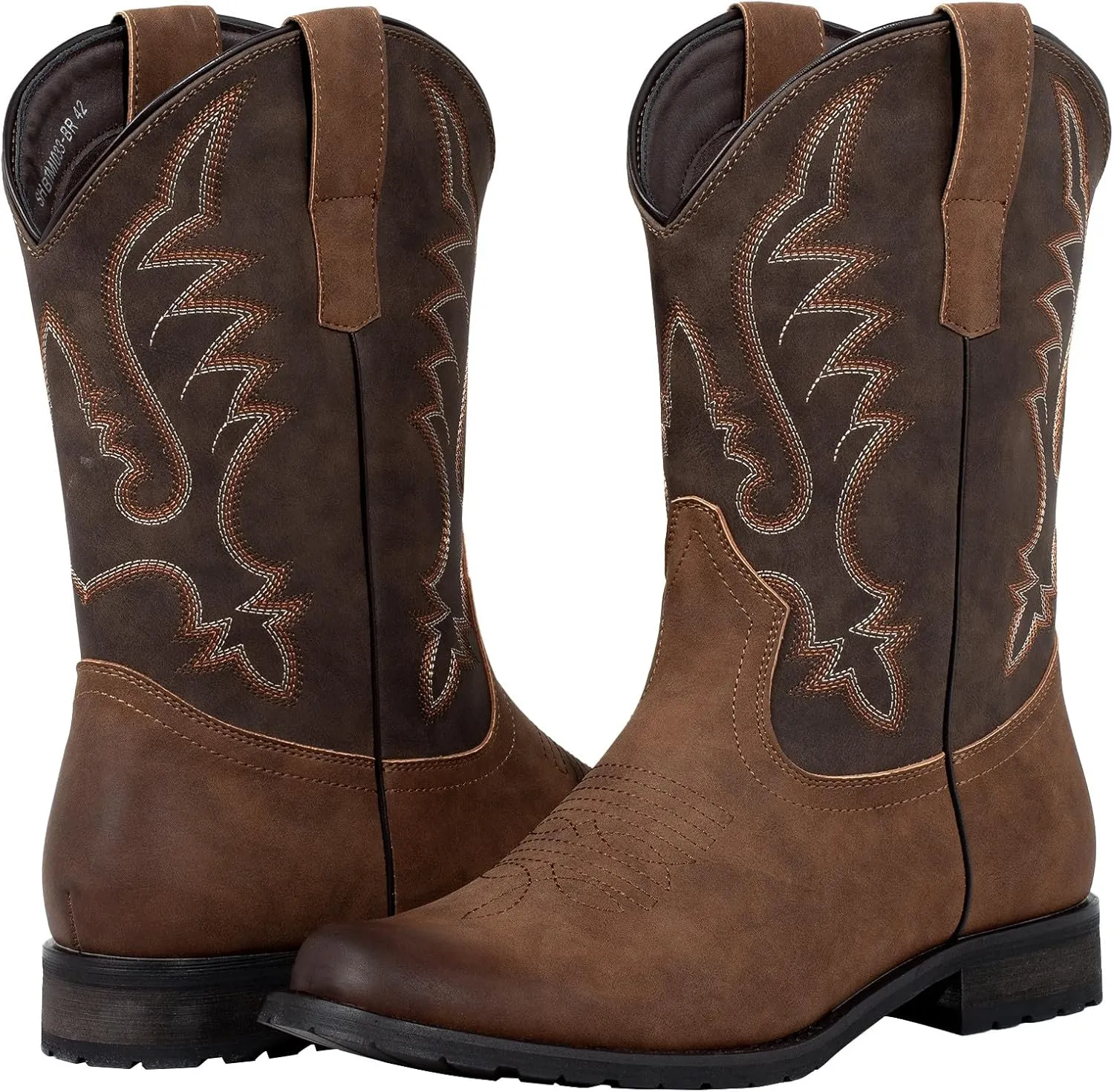 J's.o.l.e Western Cowboy Boots for Men Round Toe Wide Mid Calf Classic Retro Embroidered 2-Tone Brown Boot