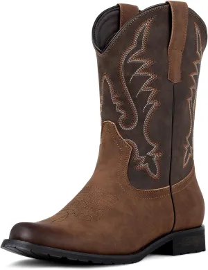 J's.o.l.e Western Cowboy Boots for Men Round Toe Wide Mid Calf Classic Retro Embroidered 2-Tone Brown Boot