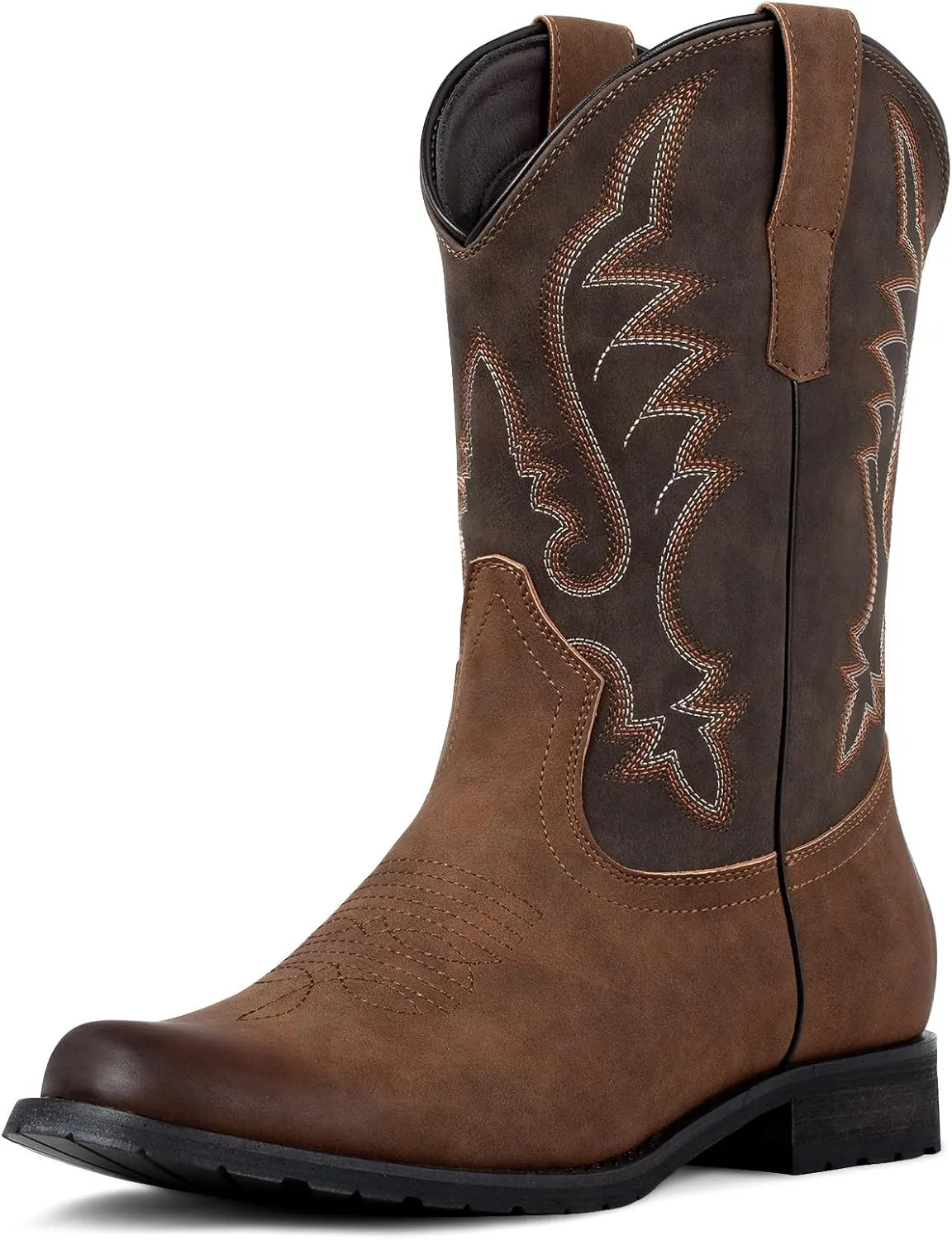 J's.o.l.e Western Cowboy Boots for Men Round Toe Wide Mid Calf Classic Retro Embroidered 2-Tone Brown Boot