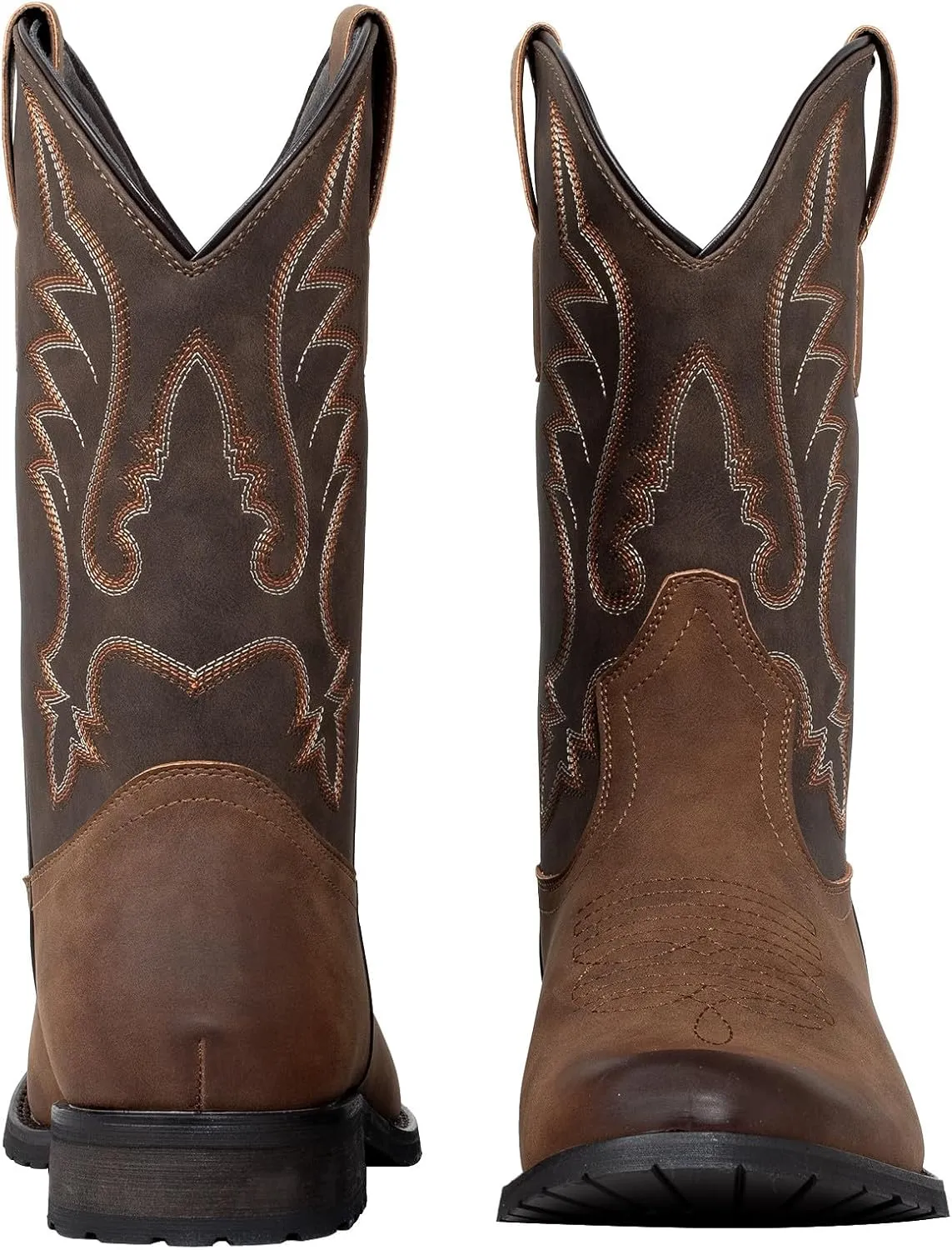 J's.o.l.e Western Cowboy Boots for Men Round Toe Wide Mid Calf Classic Retro Embroidered 2-Tone Brown Boot
