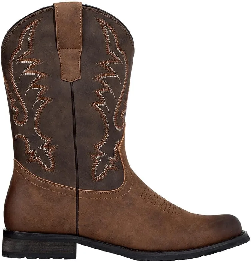 J's.o.l.e Western Cowboy Boots for Men Round Toe Wide Mid Calf Classic Retro Embroidered 2-Tone Brown Boot
